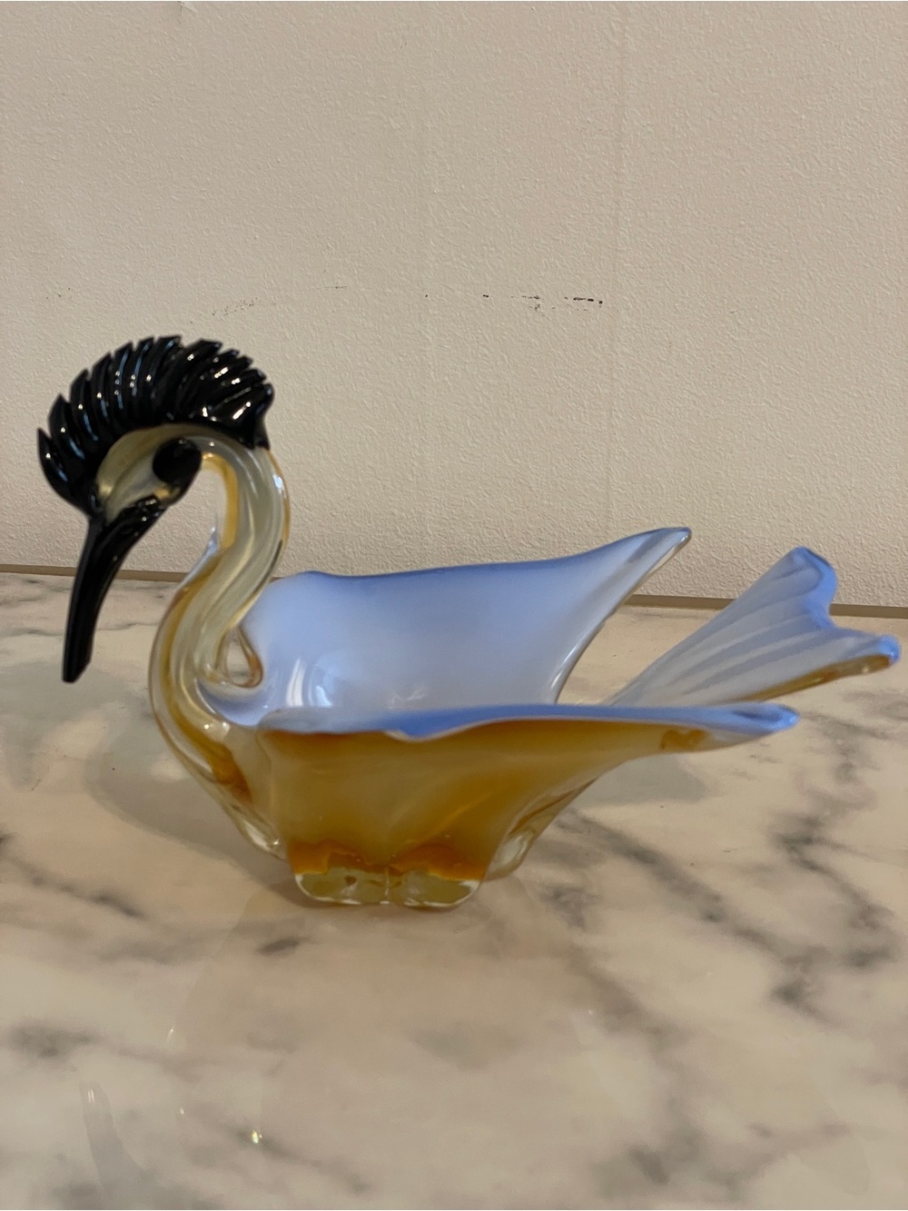 Vintage Murano Style Art Blown Glass Crested Bird MCM Candy Dish Bowl 8”x6”